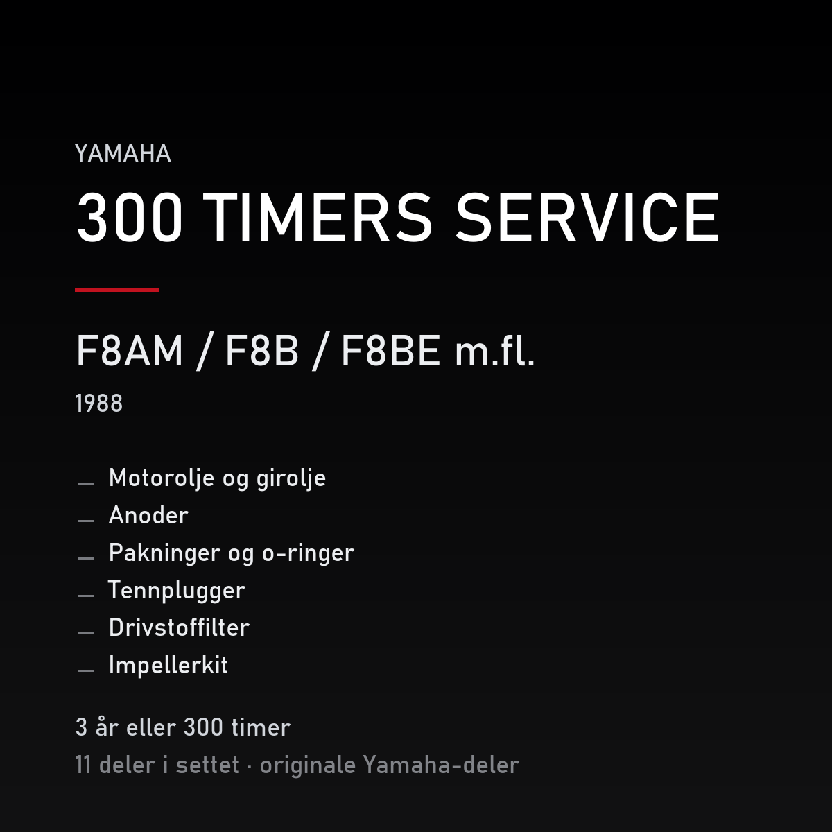 Yamaha F8AM / F8B / F8BE m.fl. (1988) – 300 timers service – innhold i settet