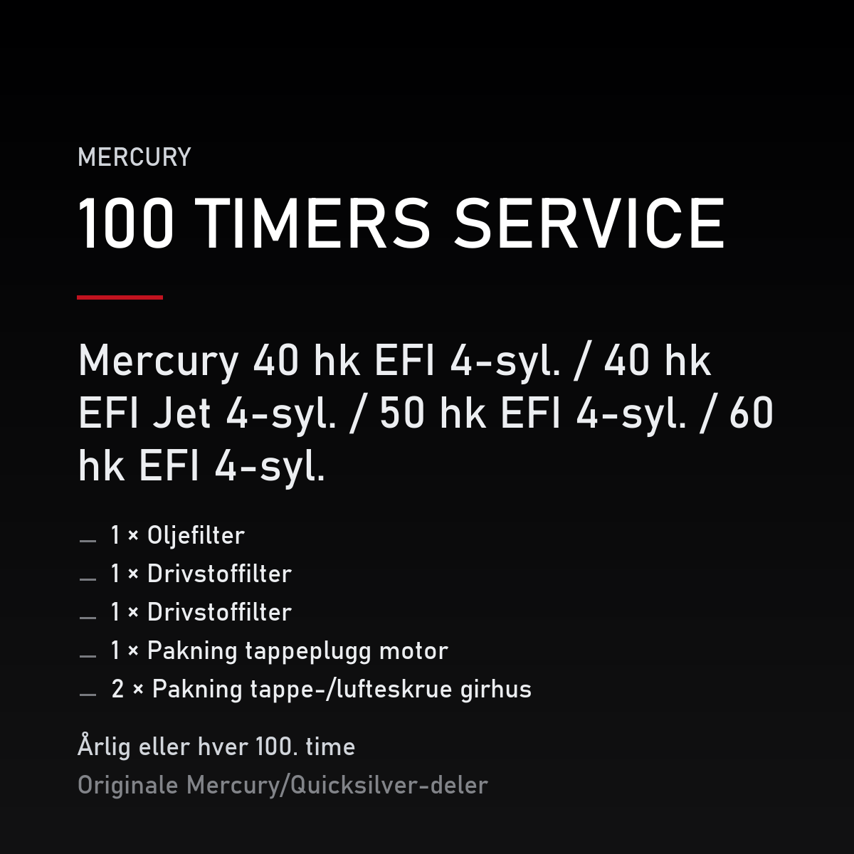 Mercury servicekit 100 timer – 40 hk EFI 4-syl. / 40 hk EFI Jet 4-syl. / 50 hk EFI 4-syl. – servicekit