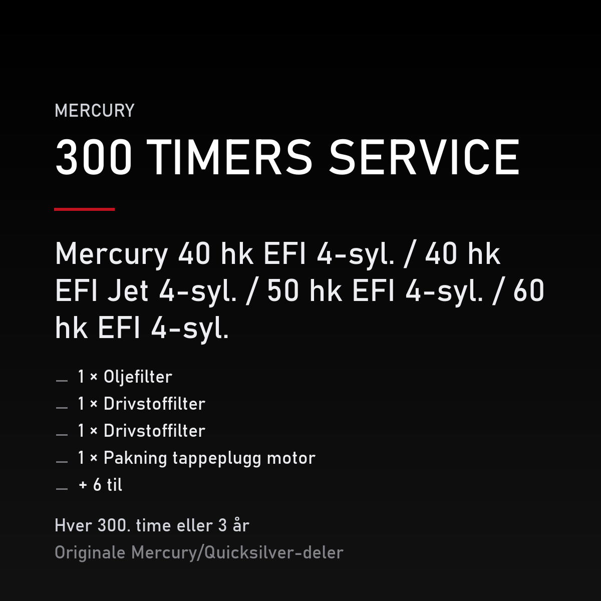 Mercury servicekit 300 timer – 40 hk EFI 4-syl. / 40 hk EFI Jet 4-syl. / 50 hk EFI 4-syl. – servicekit