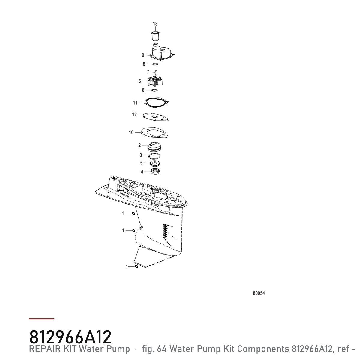 Quicksilver Impeller / vannpumpesett 812966A12 – Mercury – tegning fra Mercurys delekatalog
