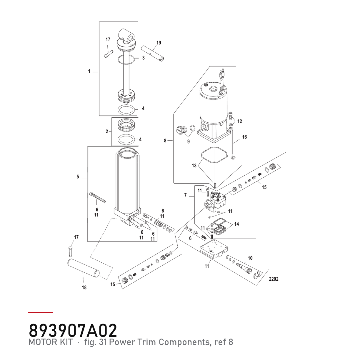 Quicksilver Powertrim motor 89-3907A02 – tegning av hele figuren fra produsentens delekatalog