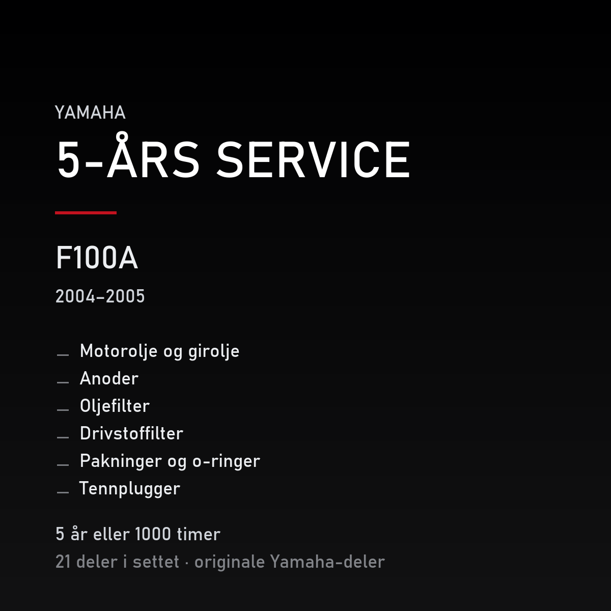 Yamaha F100A (2004–2005) – 5-års service – innhold i settet