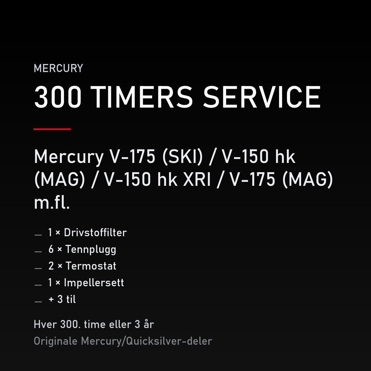 Mercury 2-takt servicekit 300 timer – V-175 (SKI) / V-150 hk (MAG) / V-150 hk XRI / V-175  – servicekit