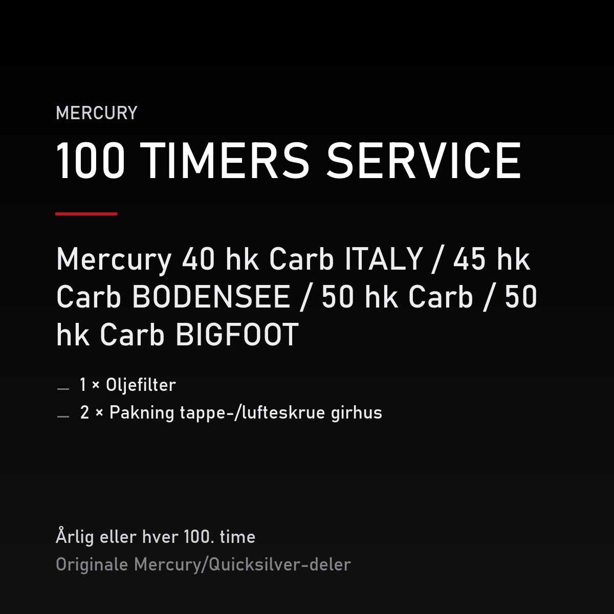 Mercury servicekit 100 timer – 40 hk Carb ITALY / 45 hk Carb BODENSEE / 50 hk Carb / 50 hk – servicekit