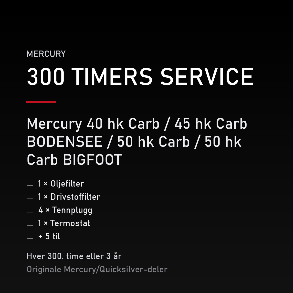 Mercury servicekit 300 timer – 40 hk Carb / 45 hk Carb BODENSEE / 50 hk Carb / 50 hk Carb  – servicekit