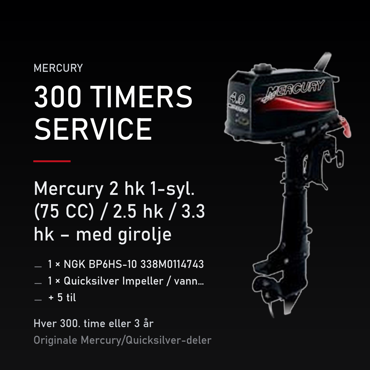 Mercury 2-takt servicekit 300 timer – 2 hk 1-syl. (75 CC) / 2.5 hk / 3.3 hk – med girolje – servicekit