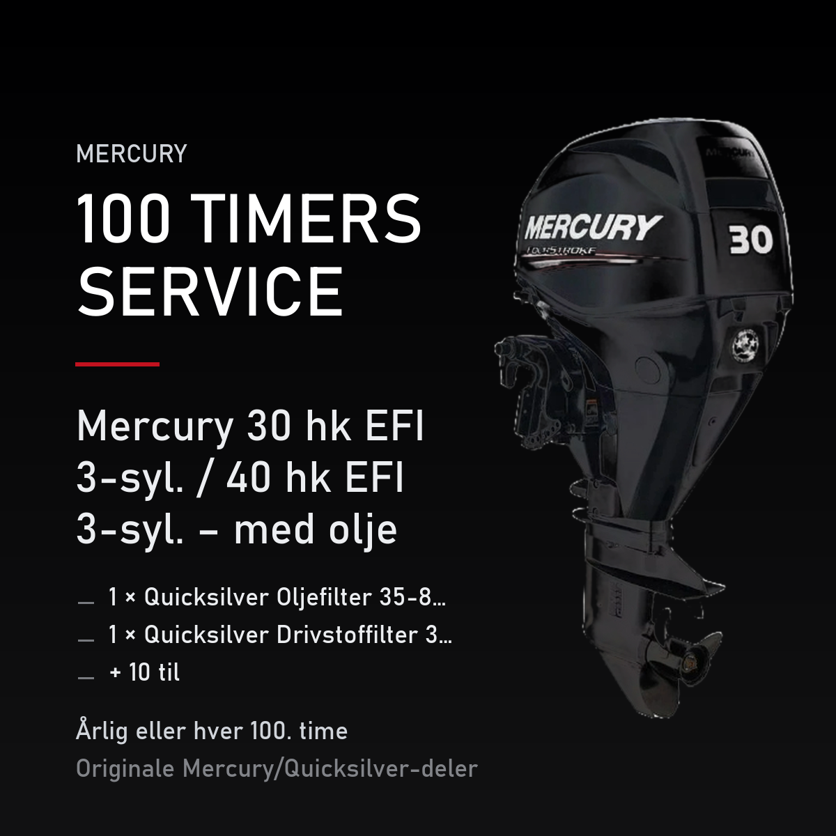 Mercury servicekit 100 timer – 30 hk EFI 3-syl. / 40 hk EFI 3-syl. – med olje – servicekit