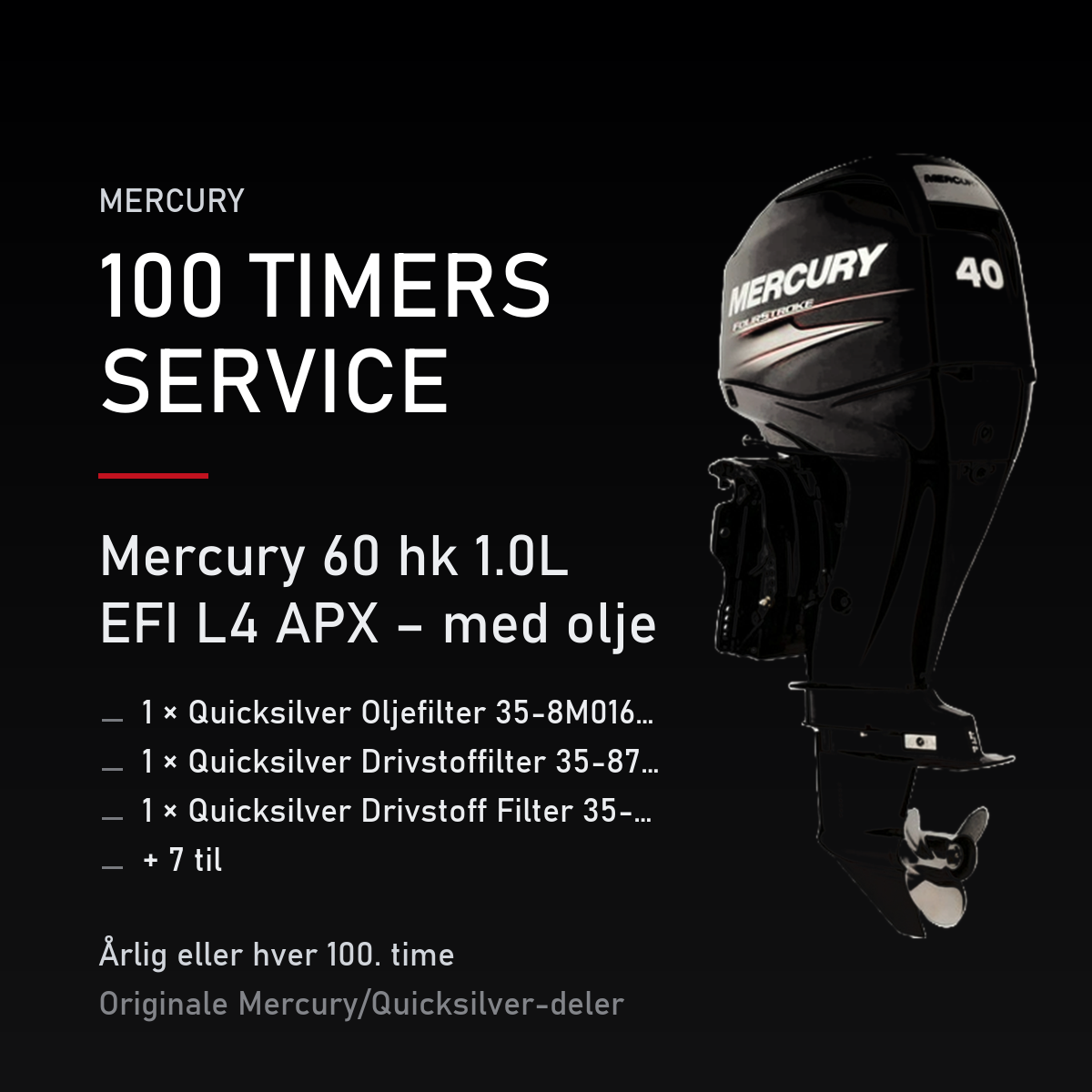 Mercury servicekit 100 timer – 60 hk 1.0L EFI L4 APX – med olje – servicekit