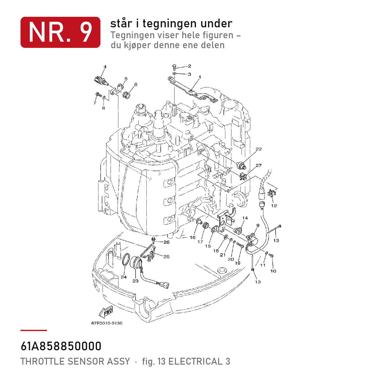 Yamaha Gassposisjonssensor 61A-85885-00 – nr. 9 i tegningen fra produsentens delekatalog
