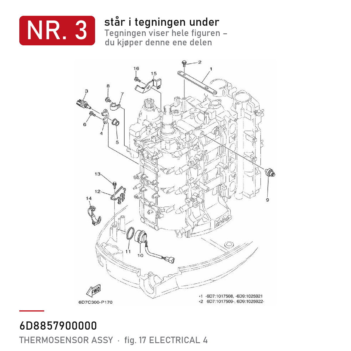 Yamaha Temperatursensor 6D8-85790-00 – nr. 3 i tegningen fra produsentens delekatalog