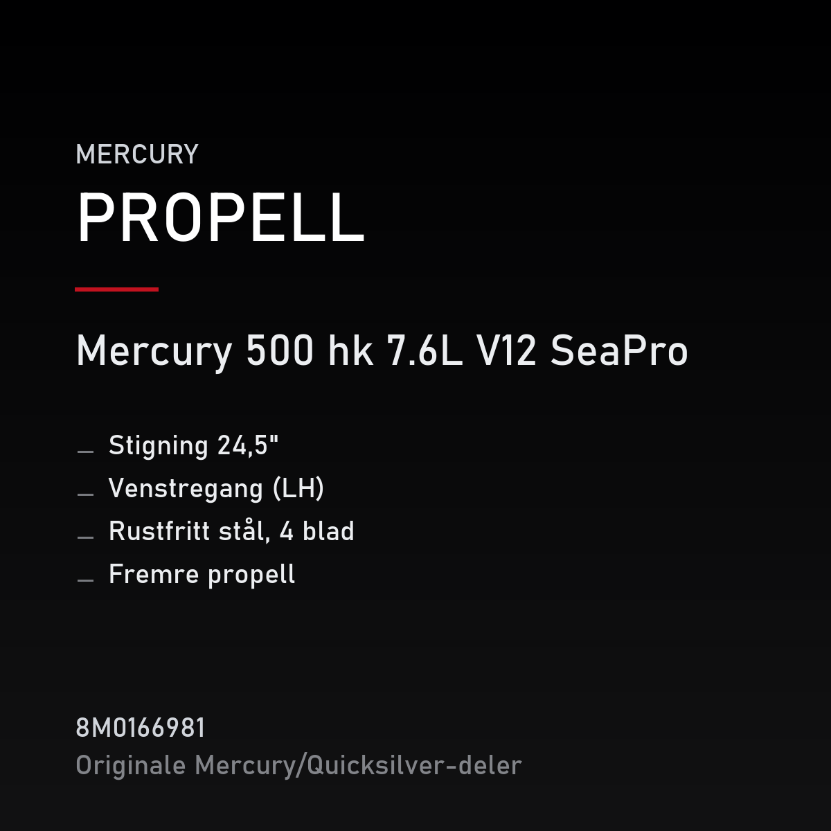 Quicksilver Propell rustfri 4-blad 24,5" stigning venstregang – fremre 8M0166981 – Mercury – propell