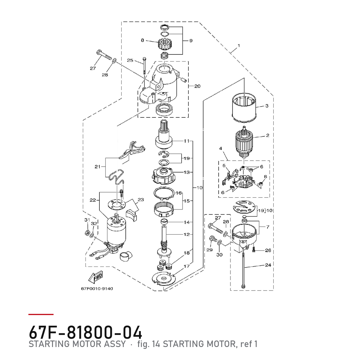 Yamaha Startmotor 67F-81800-04 – tegning av hele figuren fra produsentens delekatalog