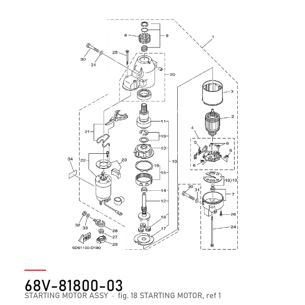 Yamaha Startmotor 68V-81800-03 – tegning av hele figuren fra produsentens delekatalog