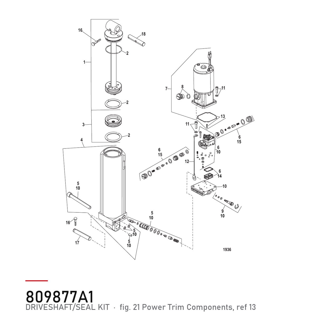 Quicksilver Powertrim drivaksel- og tetningssett 809877A1 – Mercury – tegning fra Mercurys delekatalog
