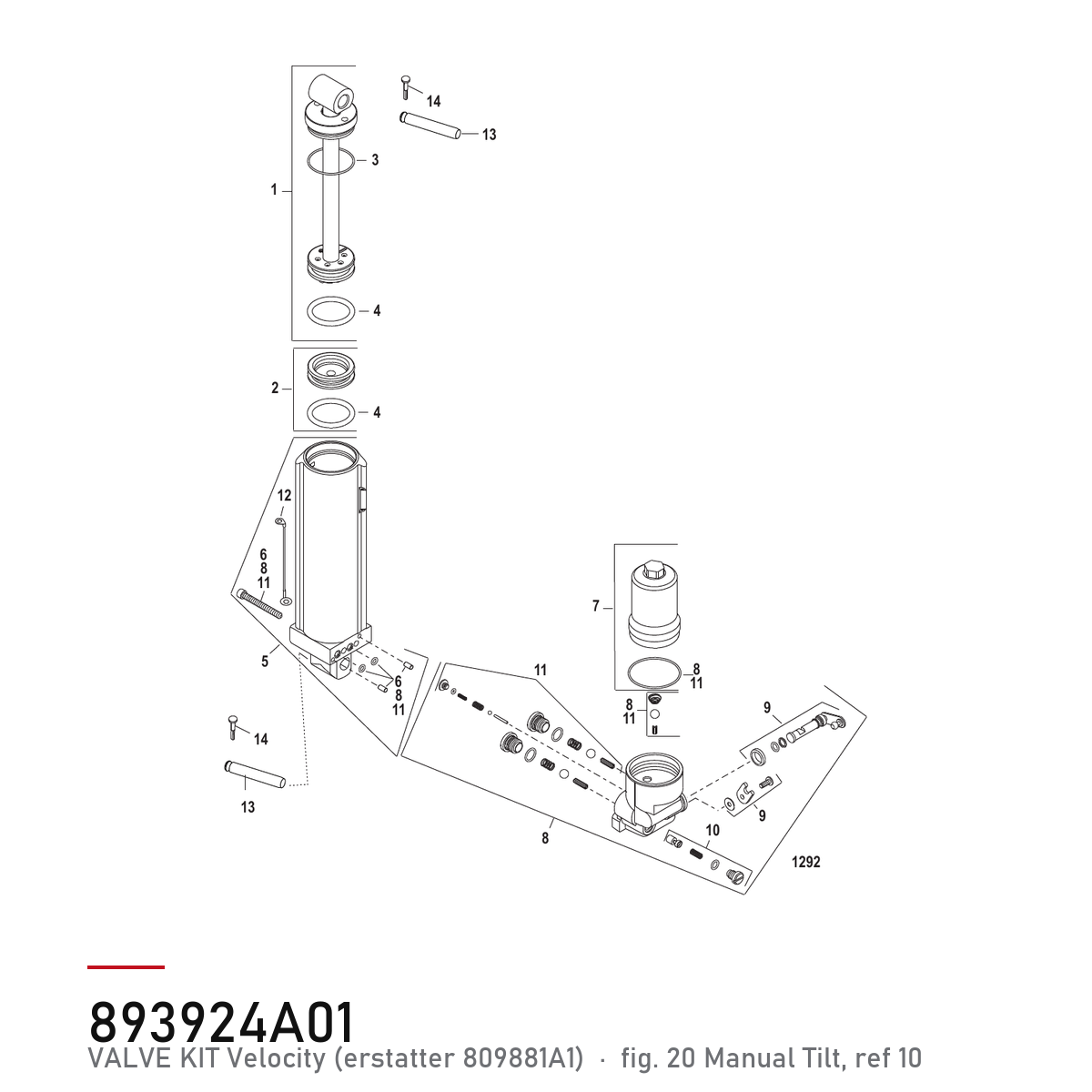 Quicksilver Powertrim ventilsett 893924A01 – Mercury – tegning fra Mercurys delekatalog