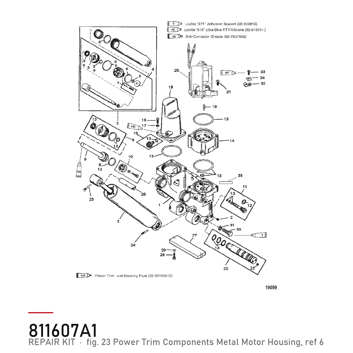 Quicksilver Powertrim reparasjonssett 811607A1 – Mercury – tegning fra Mercurys delekatalog