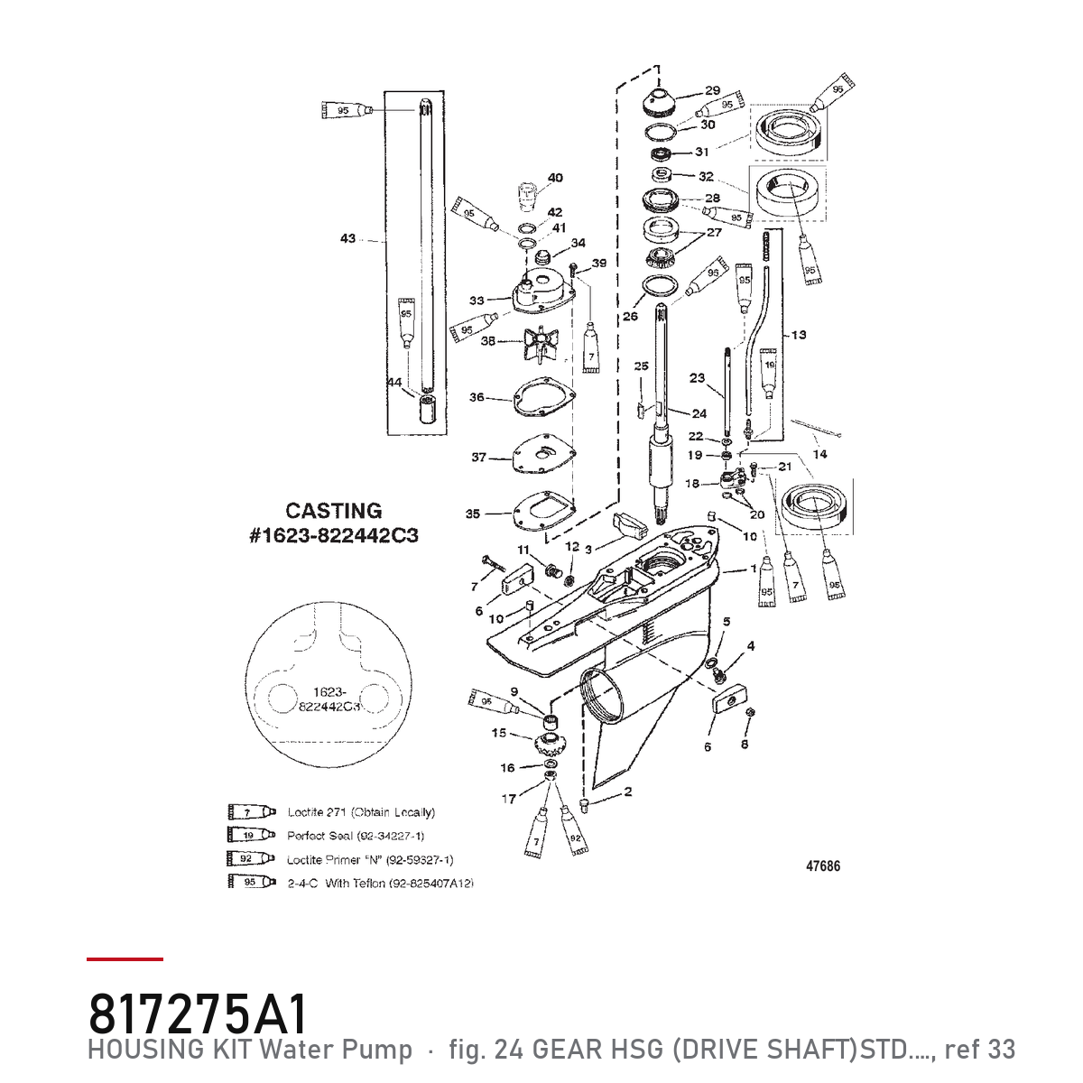 Quicksilver vannpumpehus-sett 817275A1 – Mercury – hvor delen sitter, tegning fra Mercurys delekatalog