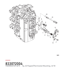 Quicksilver Termostat 833072003 – hvor delen sitter, tegning fra Mercurys delekatalog