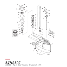 Quicksilver Anode 847635001 – hvor delen sitter, tegning fra Mercurys delekatalog