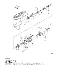 Quicksilver Anode 97875208 – hvor delen sitter, tegning fra Mercurys delekatalog