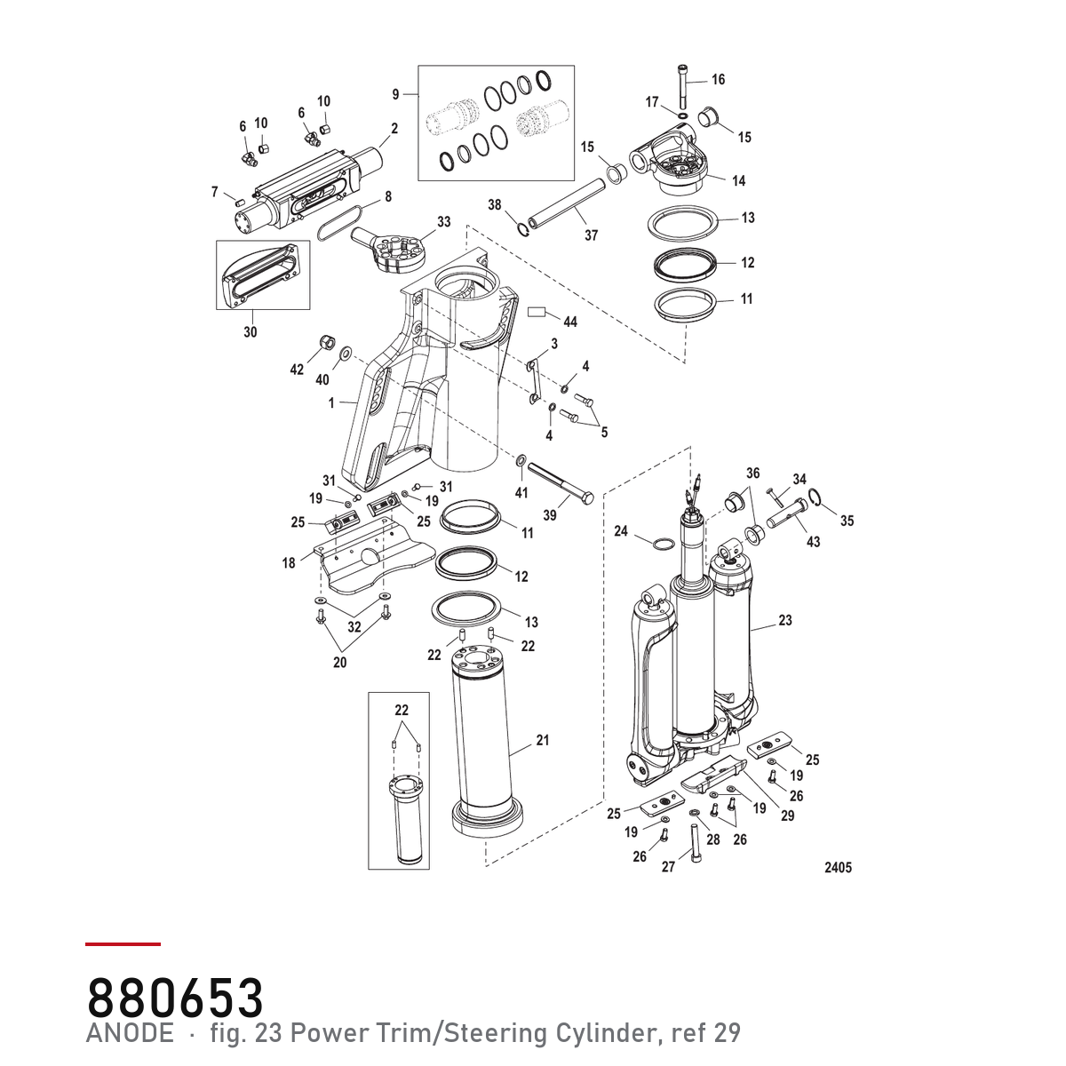 Quicksilver Anode 97-880653 – hvor delen sitter, tegning fra Mercurys delekatalog