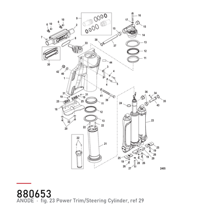 Quicksilver Anode 97-880653 – hvor delen sitter, tegning fra Mercurys delekatalog