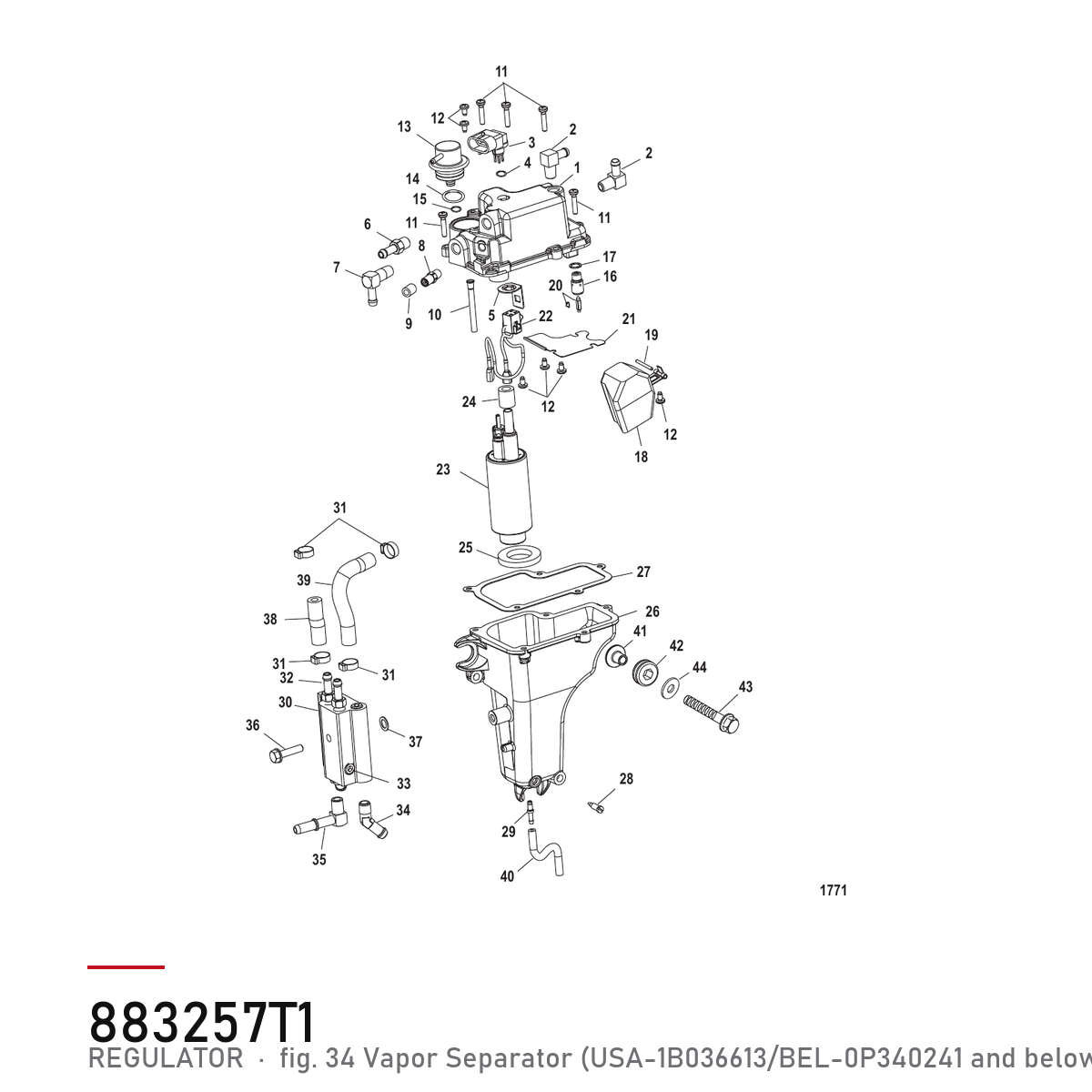 Quicksilver Trykkregulator drivstoff 883257T1 – Mercury – tegning fra Mercurys delekatalog