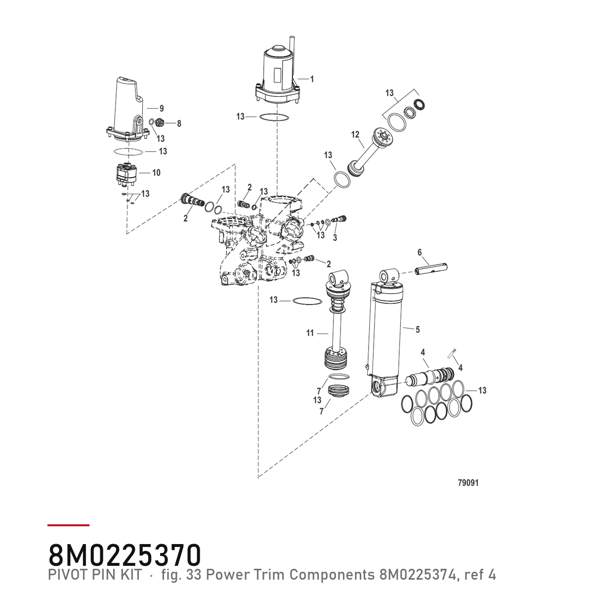 Quicksilver Powertrim pivotbolt-sett 8M0225370 – Mercury – tegning fra Mercurys delekatalog