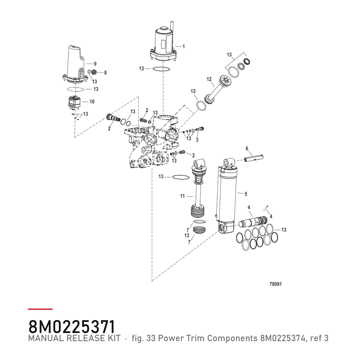 Quicksilver Powertrim manuell utløserventil 8M0225371 – Mercury – tegning fra Mercurys delekatalog